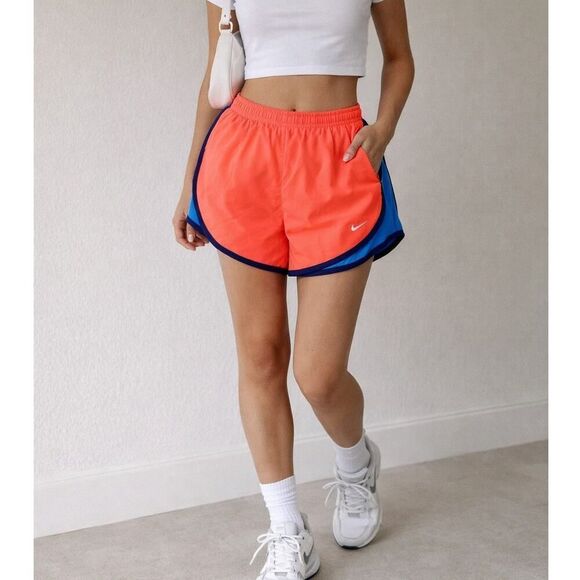 Nike Pants - Nike Dri-FIT Neon Coral Running Shorts Size M Blue Trim Athletic Gym Performance